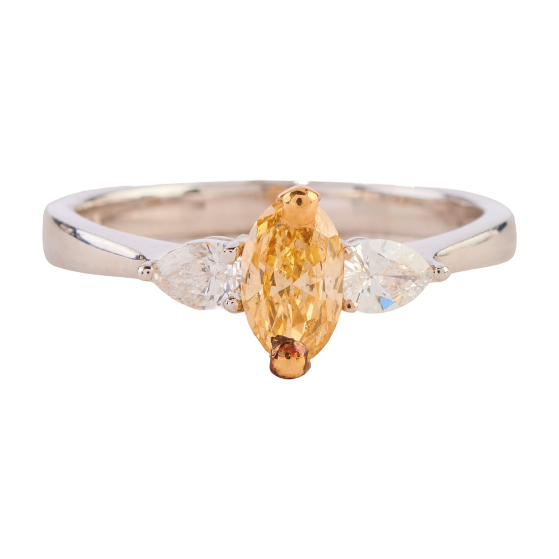 Canary Star Orangey-Yellow Diamond, Diamond, 18k Gold Ring: Canary Star Orangey-Yellow Diamond, Diamond, 18k Gold Ring. Featuring one marquise-cut orangey-yellow diamond weighing approximately 0.50 ct., accented by two pear-cut diamonds weighing a total of