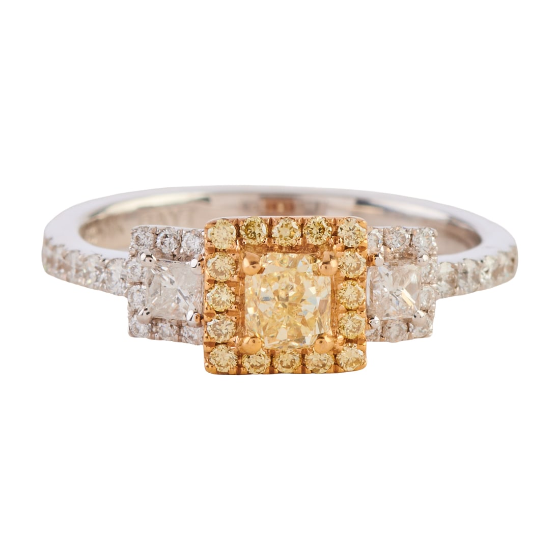 Yellow Diamond, Diamond, 14k Gold Ring: Yellow Diamond, Diamond, 14k Gold Ring. Featuring one radiant-cut yellow diamond, flanked by two princess-cut diamonds, accented by full-cut yellow and near colorless diamonds all weighing a total of 