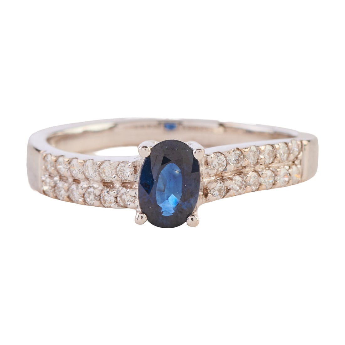 Sapphire, Diamond, 14k White Gold Ring: Sapphire, Diamond, 14k White Gold Ring. Featuring one oval-cut sapphire weighing approximately 0.50 ct., accented by twenty-four full-cut diamonds weighing a total of approximately 0.10 cttw., set in