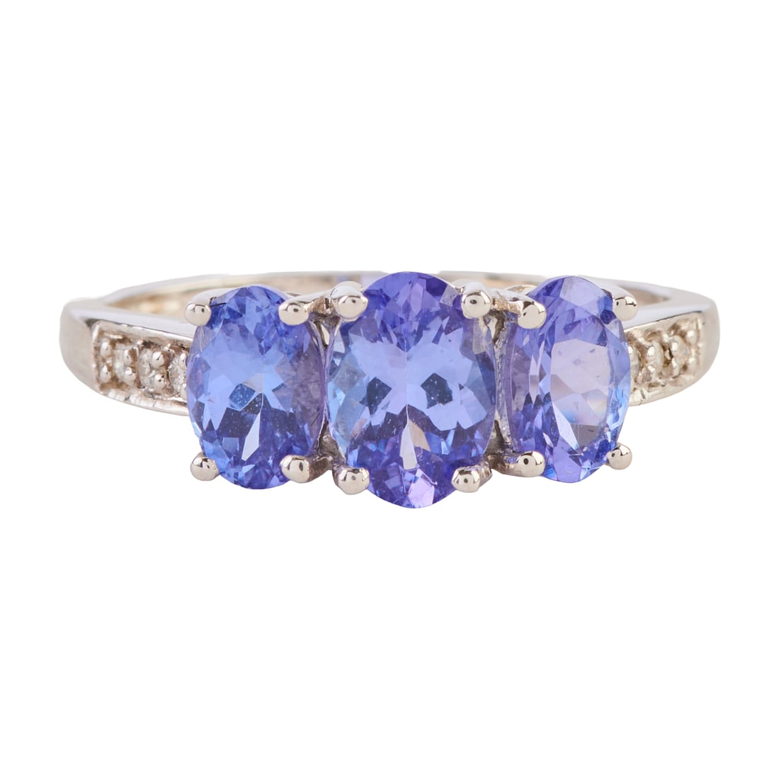 Tanzanite, Diamond, 14k White Gold Ring: Tanzanite, Diamond, 14k White Gold Ring. Featuring three oval-cut tanzanites weighing a total of approximately 1.50 cttw., accented by round-cut diamonds, set in a 14k white gold mounting. {Size: 7 1/