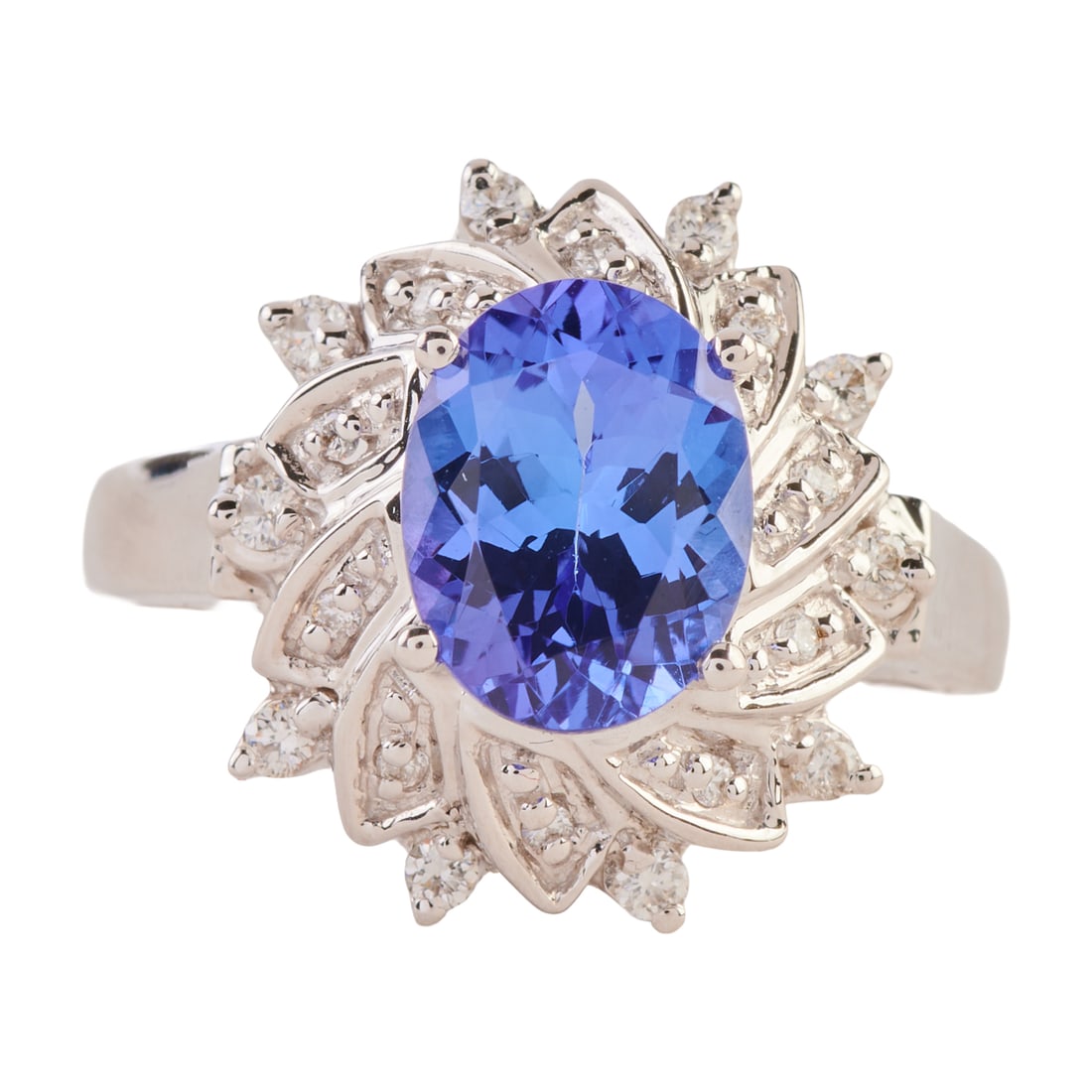 Tanzanite, Diamond, 14k White Gold Ring: Tanzanite, Diamond, 14k White Gold Ring. Featuring one oval-cut tanzanite weighing approximately 2.05 cts., accented by full-cut diamonds, set in a 14k white gold mounting. {Size: 7, Gross Weight: