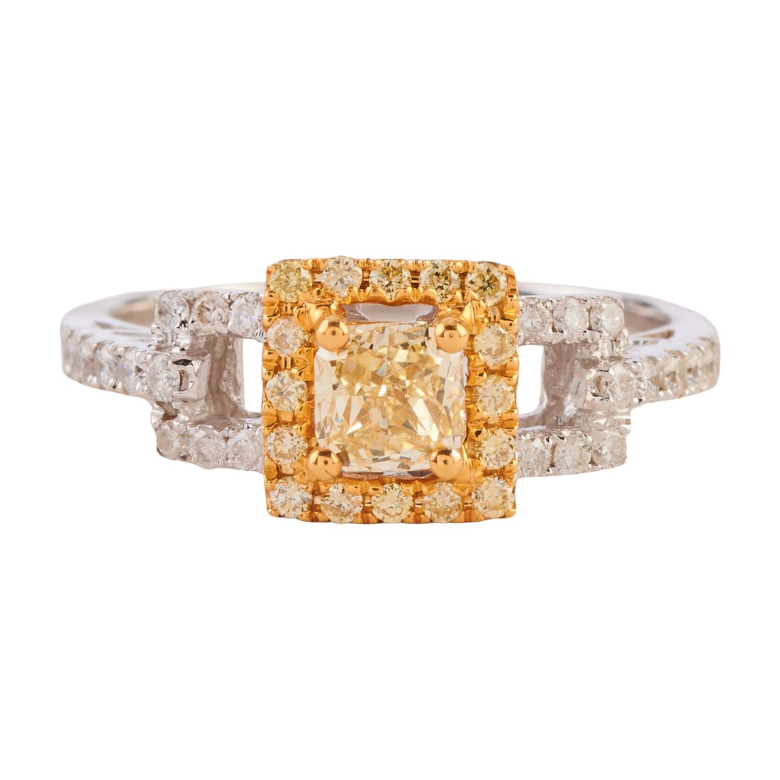 Canary Star Yellow Diamond, Diamond, 14k Gold Ring: Canary Star Yellow Diamond, Diamond, 14k Gold Ring. Featuring one radiant-cut yellow diamond measuring approximately 4.3 mm, accented by full-cut yellow and near colorless diamonds, set in a 14k yello