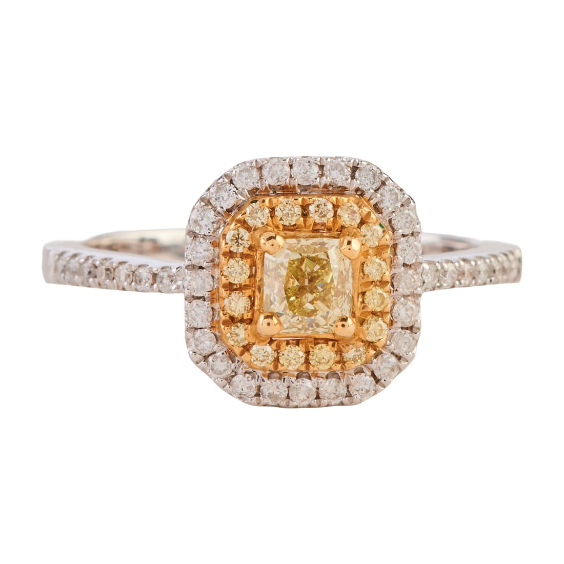 Yellow Diamond, Diamond, 14k Gold Ring: Yellow Diamond, Diamond, 14k Gold Ring. Featuring one radiant-cut yellow diamond weighing approximately 0.50 ct., accented by round-cut yellow and near colorless diamonds, set in a 14k yellow and whit