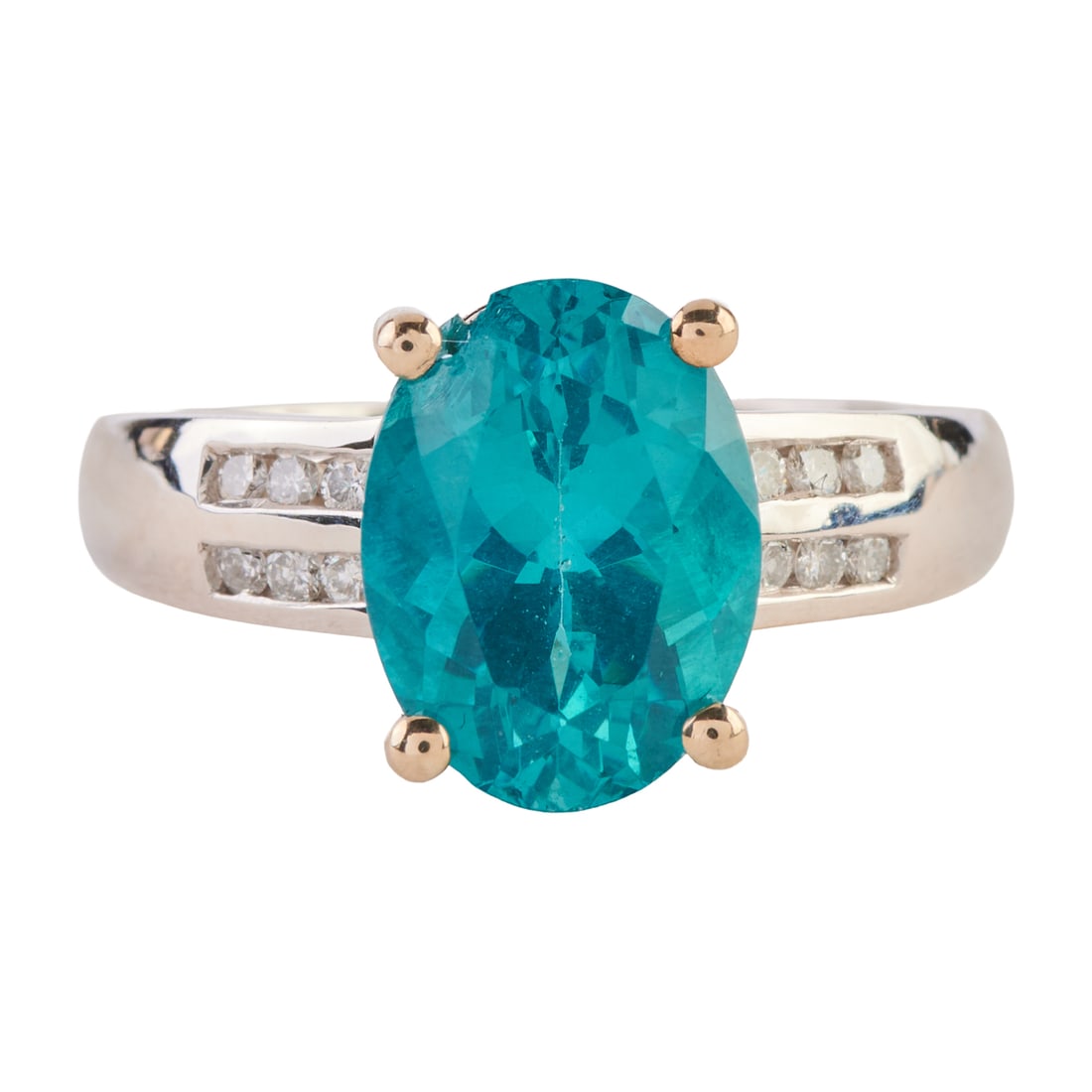 Apatite, Diamond, 14k White Gold Ring: Apatite, Diamond, 14k White Gold Ring. Featuring one oval-cut apatite weighing approximately 4.05 cts., accented by twelve full-cut diamonds weighing a total of approximately 0.15 cttw., set in a 14k 