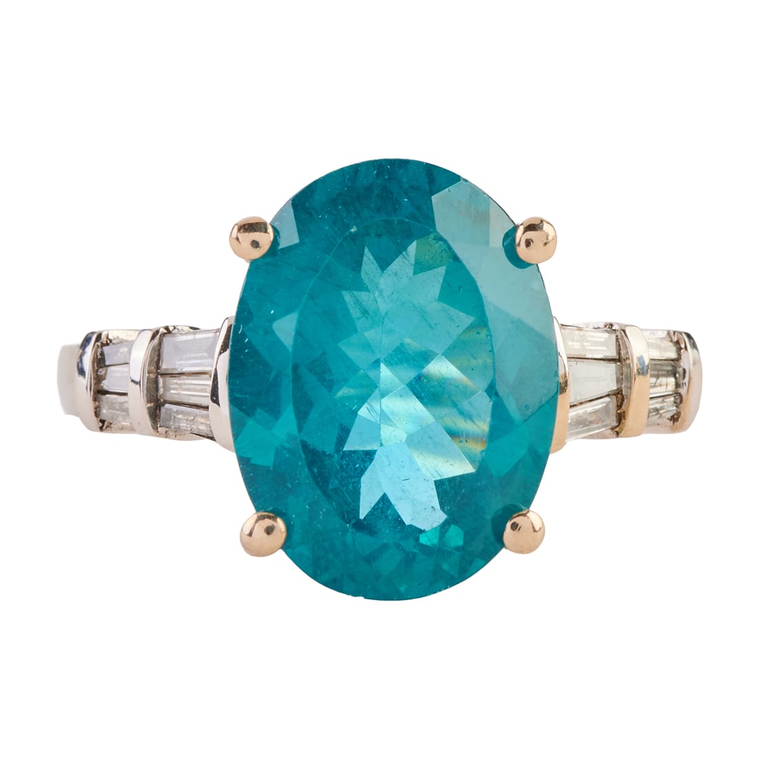 Apatite, Diamond, 14k White Gold Ring: Apatite, Diamond, 14k White Gold Ring. Featuring one oval-cut apatite weighing approximately 4.85 cts., accented by twelve tapered baguette-cut diamonds weighing a total of approximately 0.20 cttw., s