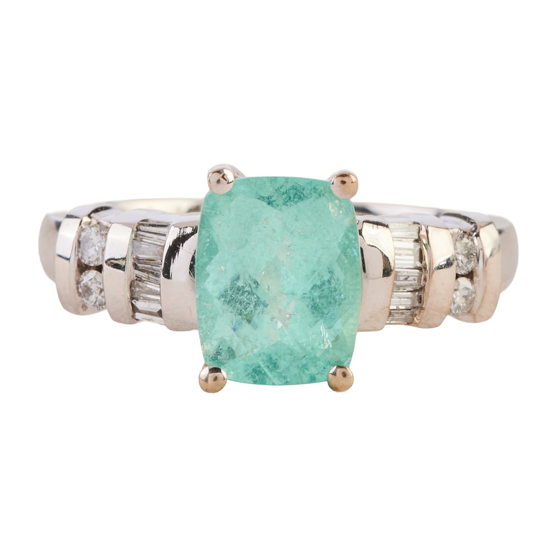 Paraiba Colored Tourmaline, Diamond, 14k White Gold Ring: Paraiba Colored Tourmaline, Diamond, 14k White Gold Ring. Featuring one cushion shaped, faceted-top Paraiba colored tourmaline measuring approximately 8.75 x 6.9 mm, accented by four full-cut and ten 