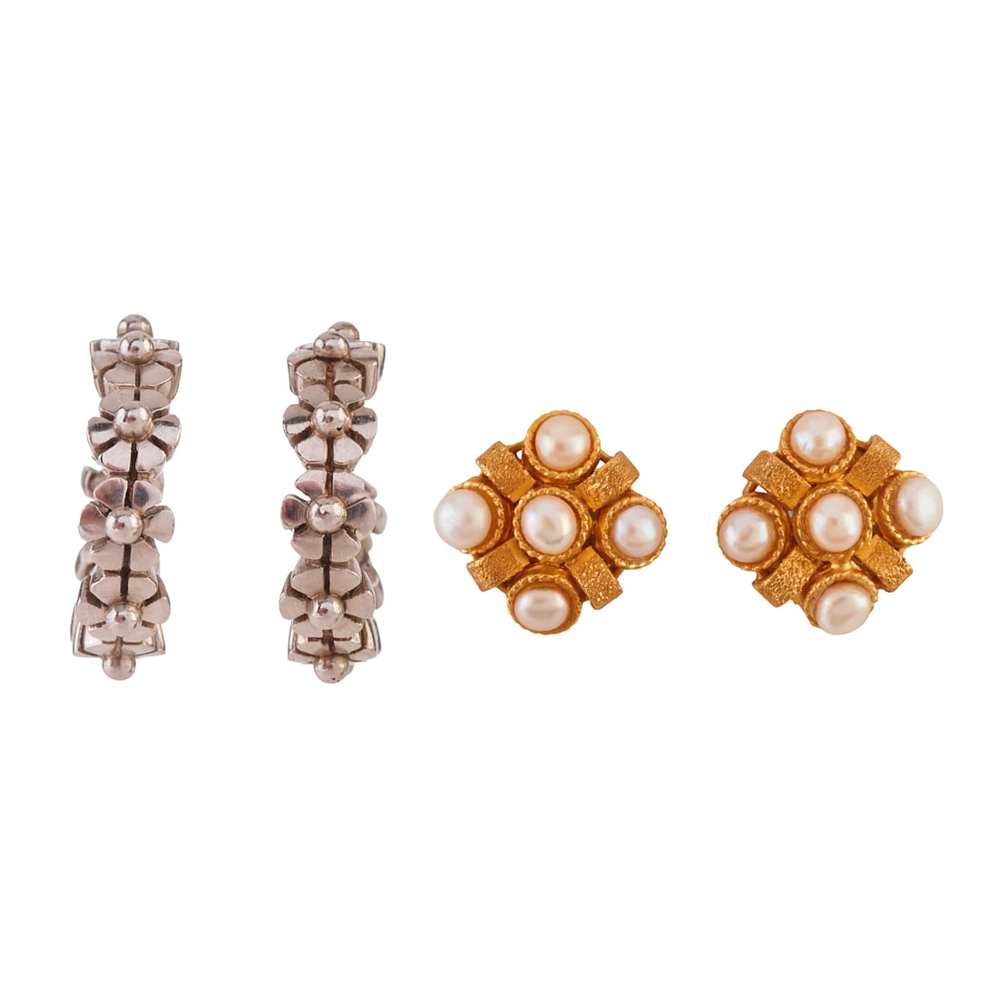 Two Pairs of Cultured Pearl, 22k Yellow Gold, Platinum Earrings (1 of 6)