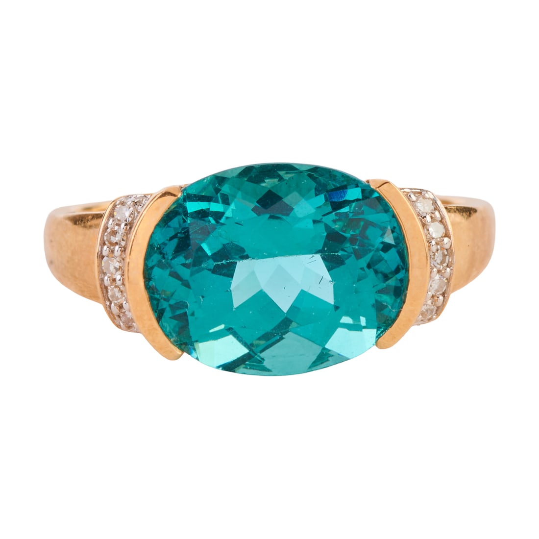Apatite, Diamond, 14k Yellow Gold Ring: Apatite, Diamond, 14k Yellow Gold Ring. Featuring one oval-cut apatite weighing approximately 4.15 cts., accented by ten single-cut diamonds weighing a total of approximately 0.05 cttw., set in a 14k 