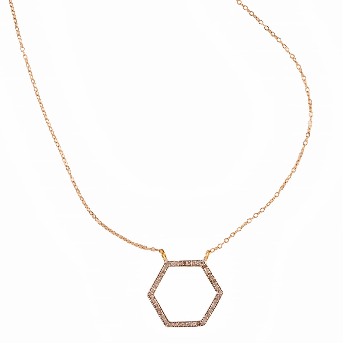 Diamond, 14k Yellow Gold Necklace: Diamond, 14k Yellow Gold Necklace. Featuring single-cut diamonds weighing a total of approximately 0.10 cttw., set in a 14k yellow gold hexagonal mounting measuring approximately 17 x 20 mm, suspended