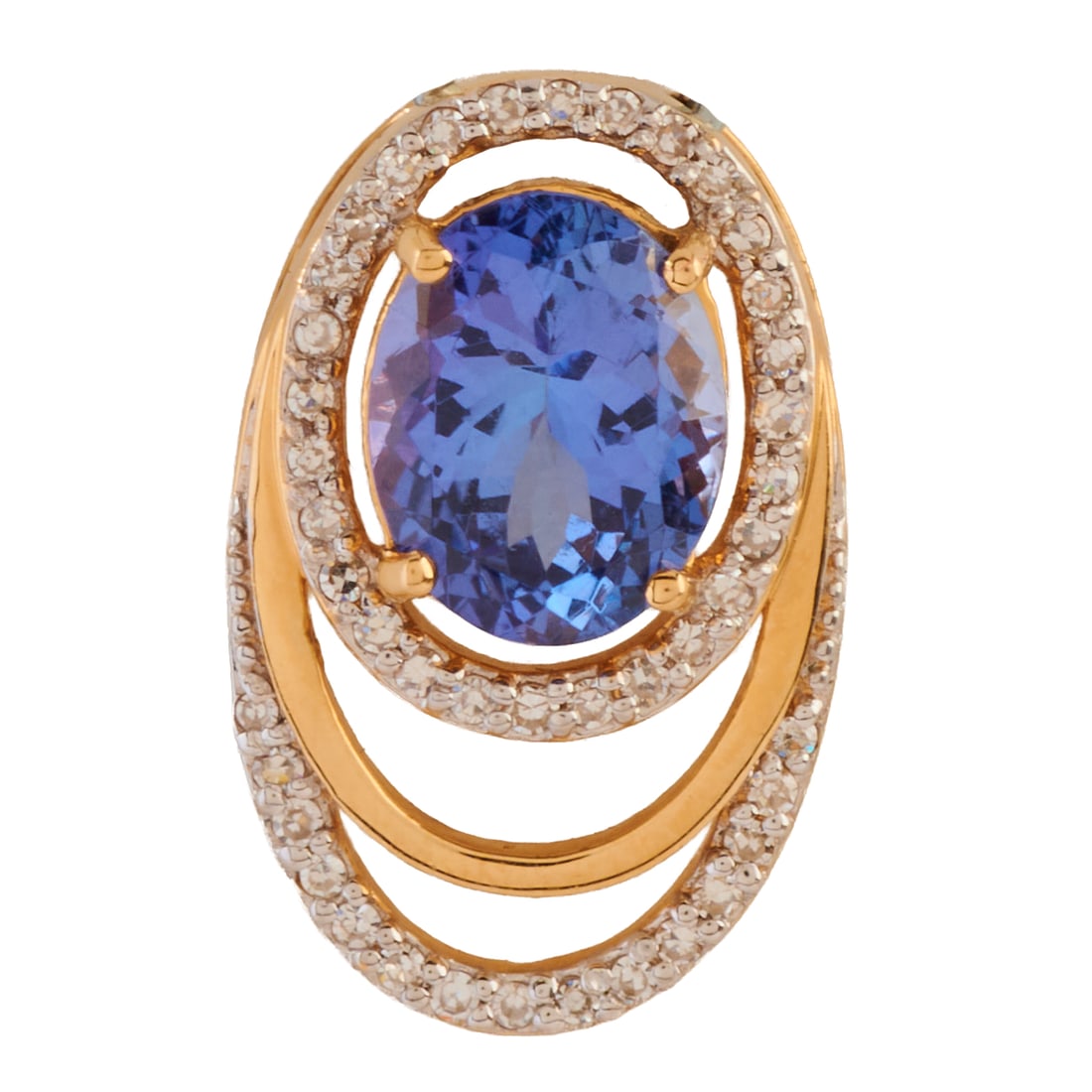 Tanzanite, Diamond, 18k Yellow Gold Pendant: Tanzanite, Diamond, 18k Yellow Gold Pendant. Featuring one oval-cut tanzanite weighing approximately 2.15 cts., accented by single-cut diamonds weighing a total of approximately 0.20 cttw., set in an 