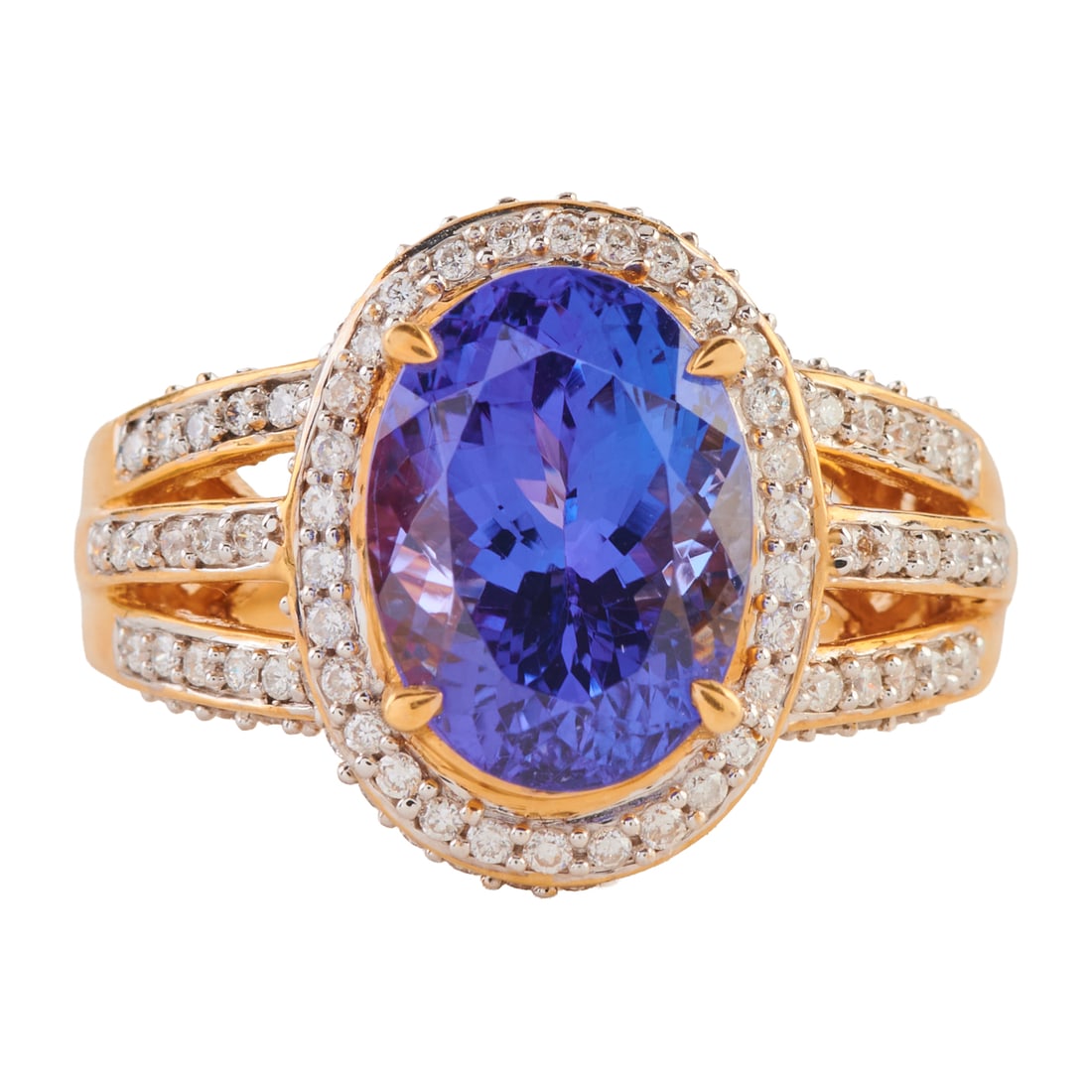 Iliana Tanzanite, Diamond, 18k Yellow Gold Ring: Iliana Tanzanite, Diamond, 18k Yellow Gold Ring. Featuring one oval-cut tanzanite weighing approximately 4.10 cts., accented by full-cut diamonds weighing a total of approximately 0.50 cttw., set in