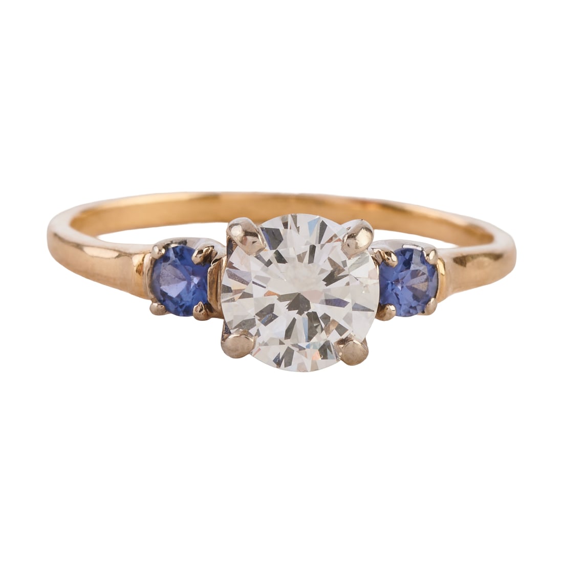 Diamond, Sapphire, 14k Yellow Gold Ring: Diamond, Sapphire, 14k Yellow Gold Ring. Featuring one round brilliant-cut diamond weighing approximately 0.90 ct., flanked by two round-cut sapphires, set in a 14k yellow gold mounting. {Size: 8 1/2,