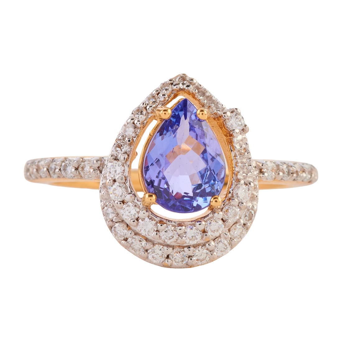 Tanzanite, Diamond, 18k Yellow Gold Ring: Tanzanite, Diamond, 18k Yellow Gold Ring. Featuring one pear-cut tanzanite weighing approximately 0.85 ct., accented by full-cut diamonds, set in an 18k yellow gold mounting. {Size: 6 3/4, Gross Weigh