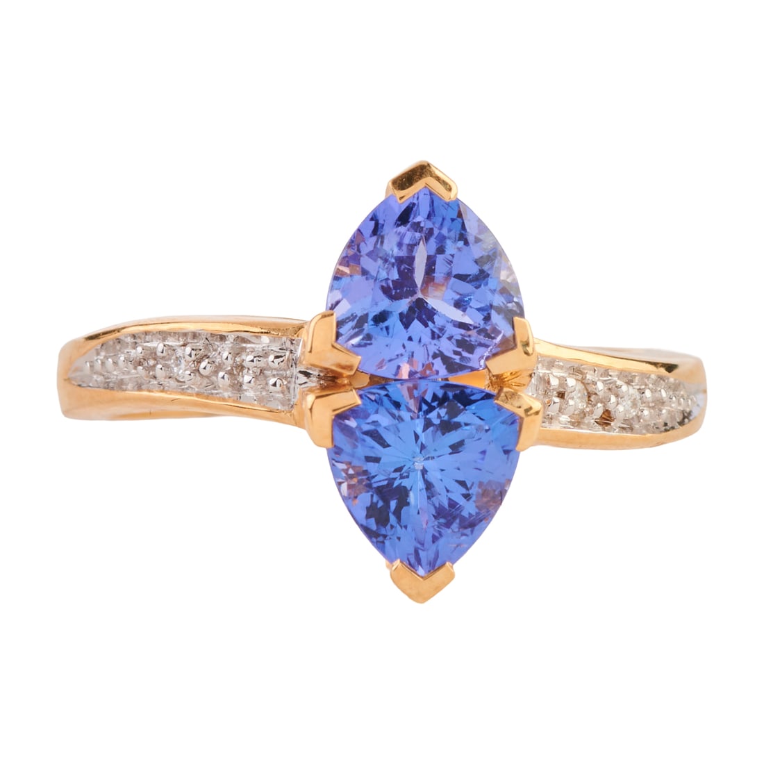 Tanzanite, Diamond, 14k Yellow Gold Ring: Tanzanite, Diamond, 14k Yellow Gold Ring. Featuring two triangular-cut tanzanites measuring approximately 6.1 x 6.2 mm, accented by full-cut diamonds, set in a 14k yellow gold mounting. {Size: 7,