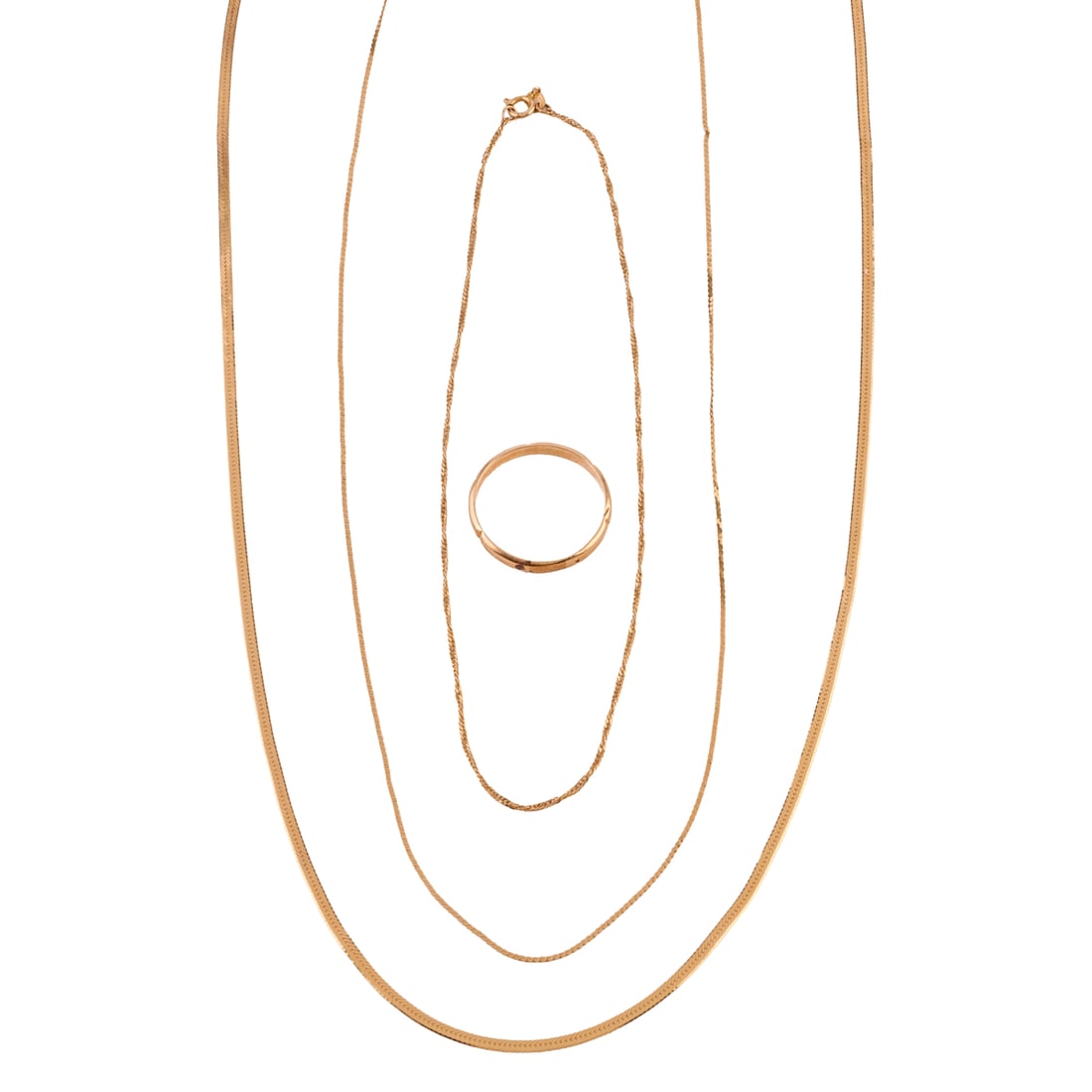 Collection of 14k Yellow Gold Jewelry Items: Collection of 14k Yellow Gold Jewelry Items. Including one 14k yellow gold band, size 9; one 14k yellow gold 10 inch anklet; one 14k yellow gold 22 inch chain together with a 14k yellow gold 18 inch c