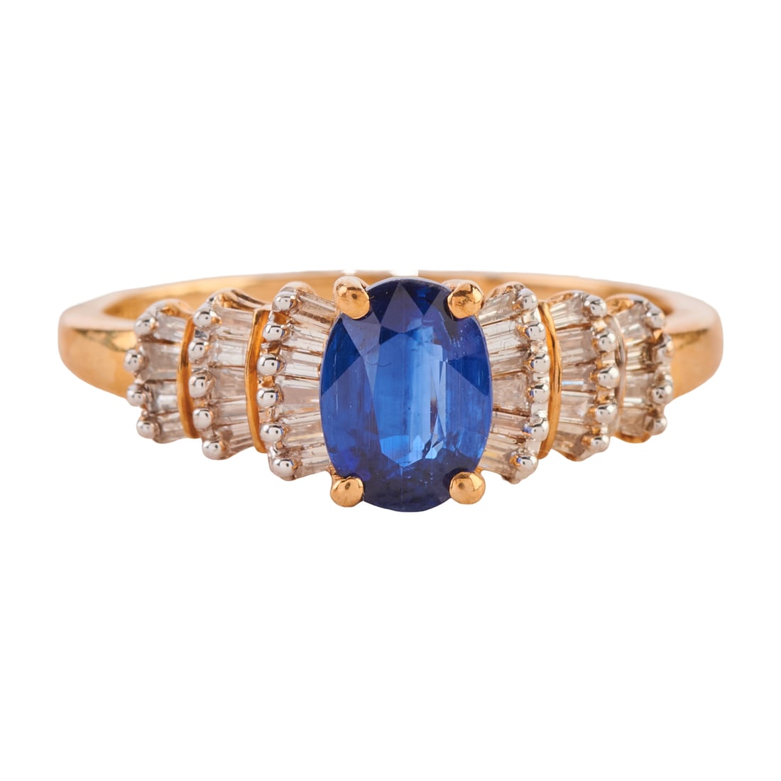 Blue Stone, Diamond, 14k Yellow Gold Ring: Blue Stone, Diamond, 14k Yellow Gold Ring. Featuring one oval-cut blue stone measuring approximately 7 x 5.2 mm, accented by tapered baguette-cut diamonds weighing a total of approximately 0.35