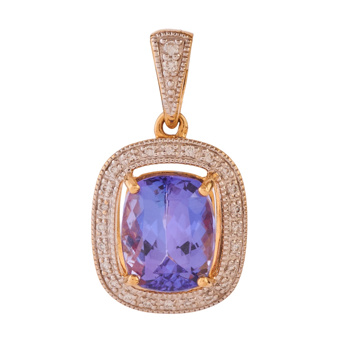 Tanzanite, Diamond, 18k Yellow Gold Pendant: Tanzanite, Diamond, 18k Yellow Gold Pendant. Featuring one cushion-cut tanzanite weighing approximately 3.45 cts., accented by round-cut diamonds, set in an 18k yellow gold mounting measuring
