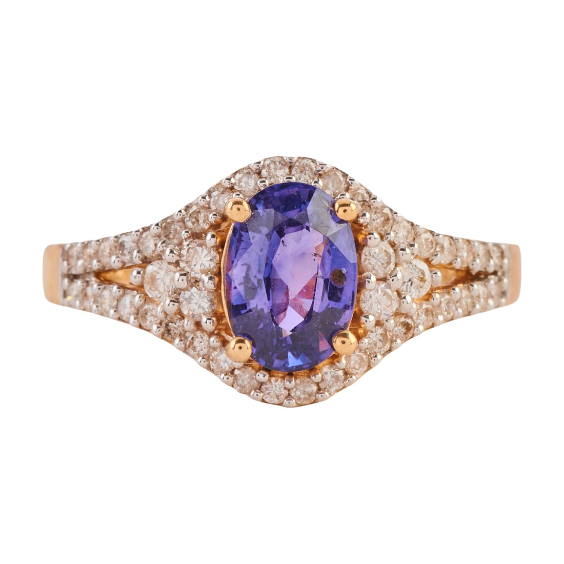 Tanzanite, Diamond, 14k Yellow Gold Ring: Tanzanite, Diamond, 14k Yellow Gold Ring. Featuring one oval-cut tanzanite weighing approximately 0.95 ct., accented by full-cut diamonds weighing a total of approximately 0.25 cttw., set in a 14k