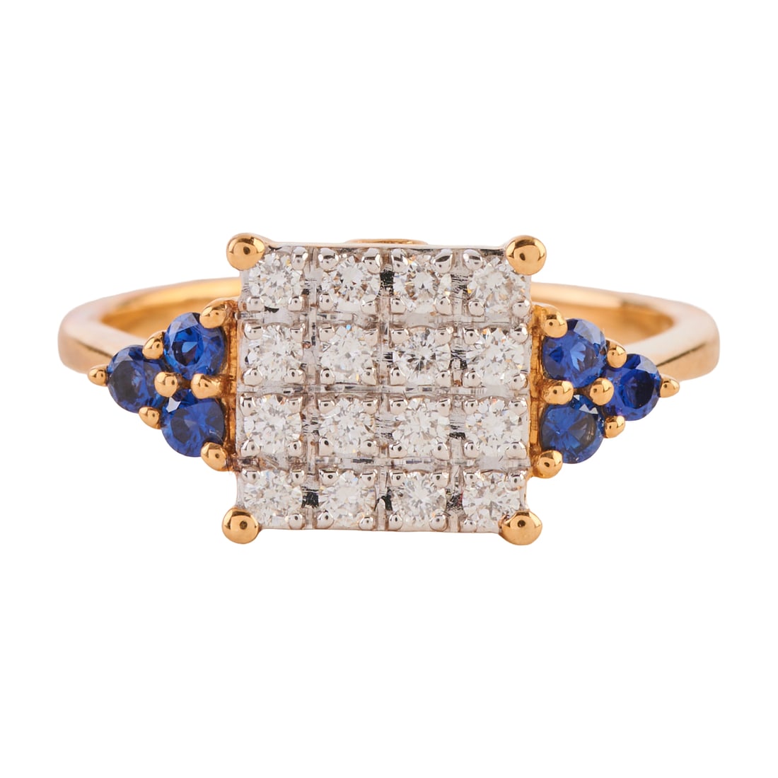 Diamond, Synthetic Sapphire, 14k Yellow Gold Ring: Diamond, Synthetic Sapphire, 14k Yellow Gold Ring. Featuring eighteen;full-cut diamonds weighing a total of approximately 0.50 cttw., accented by six round-cut synthetic sapphires, set in a 14k yellow