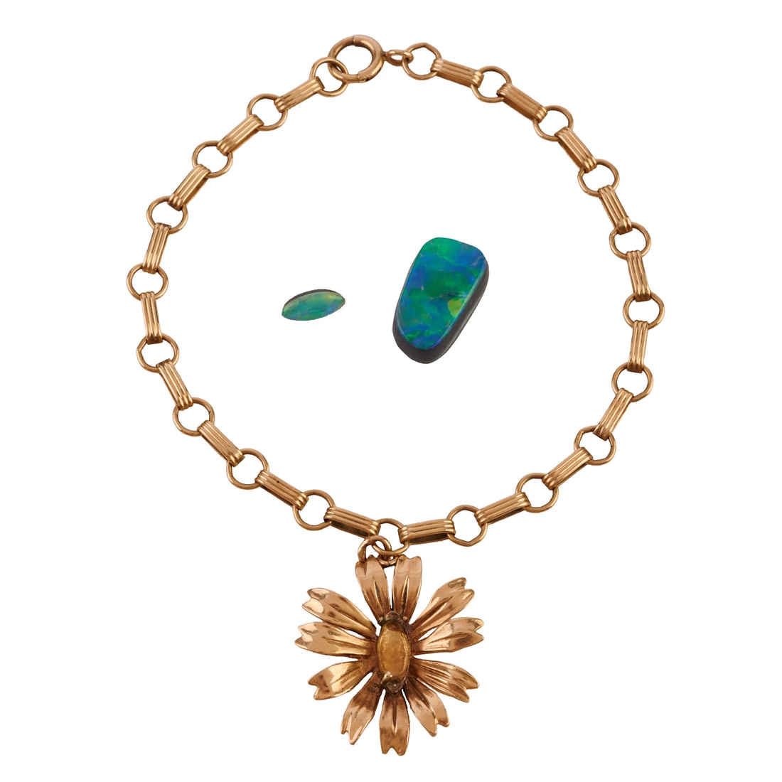14k Yellow Gold Bracelet with Loose Triplets: 14k Yellow Gold Bracelet with Loose Triplets. The 14k yellow gold flower charm measuring approximately 25 x 21 mm, suspended from a 14k yellow gold 7 inch bracelet, accompanied by two opal triplets.
