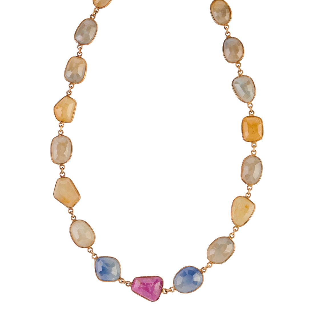 Multicolored Sapphire, Vermeil Necklace: Multicolored Sapphire, Vermeil Necklace. Featuring twenty-one varying shaped, faceted multicolored sapphires, bezel set and linked by vermeil chain, completed by a spring ring clasp, forming a