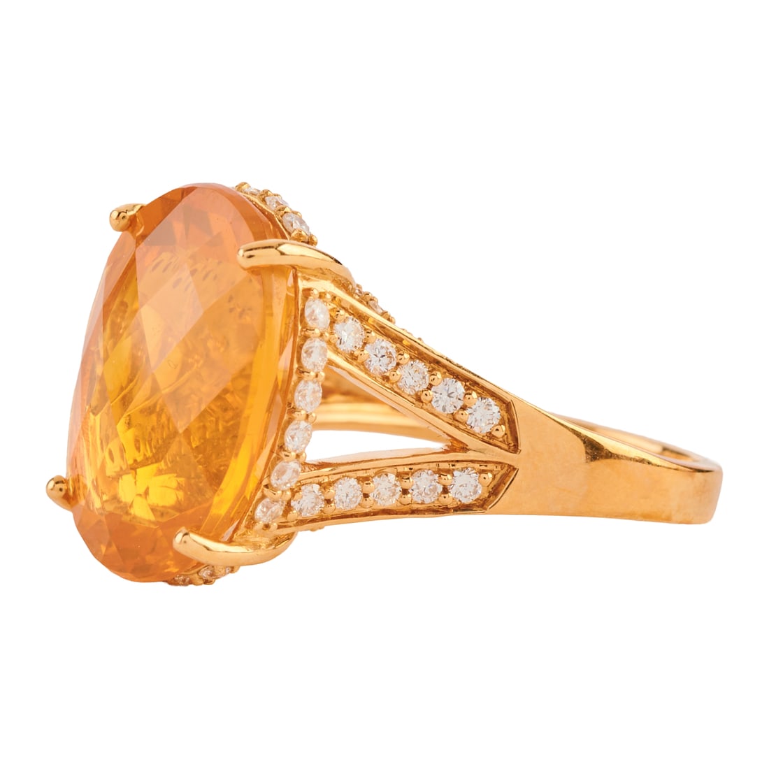 Fire Opal, Diamond, 18k Yellow Gold Ring: Fire Opal, Diamond, 18k Yellow Gold Ring. Featuring one oval-cut, faceted-top fire opal measuring approximately 16.1 x 12.7 mm, accented by sixty-eight full-cut diamonds weighing a total of