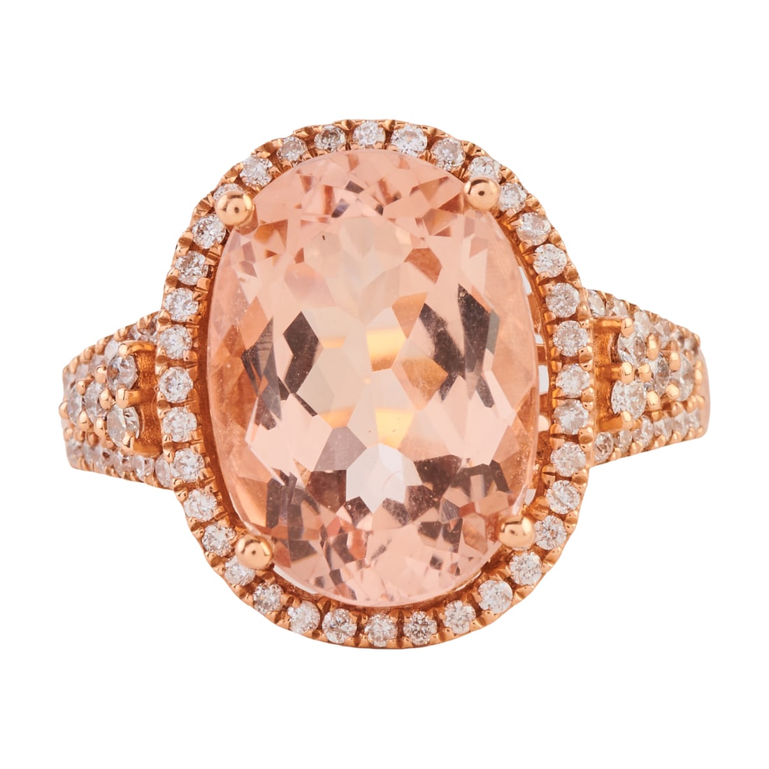 Morganite, Diamond, 14k Rose Gold Ring: Morganite, Diamond, 14k Rose Gold Ring. Featuring one oval-cut morganite weighing approximately 4.70 cts., accented by full-cut diamonds weighing a total of approximately 0.35 cttw., set in a 14k rose