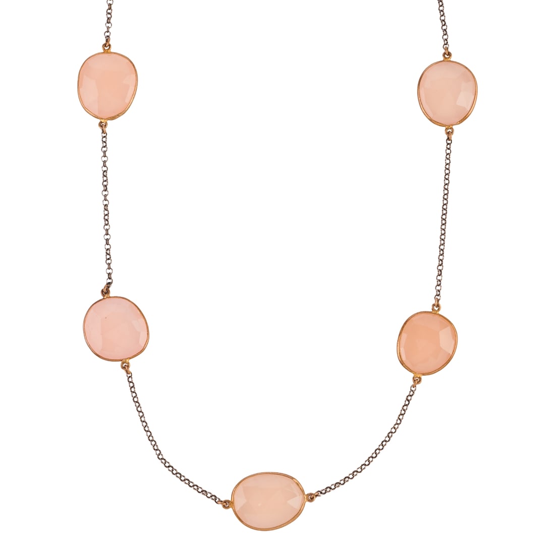 Rose Quartz, Oxidized Silver and Vermeil Necklace: Rose Quartz, Oxidized Silver and Vermeil Necklace. Featuring eleven faceted rose quartz, bezel set and linked by oxidized silver and vermeil chain, completed by a spring ring clasp, forming a 32 inch