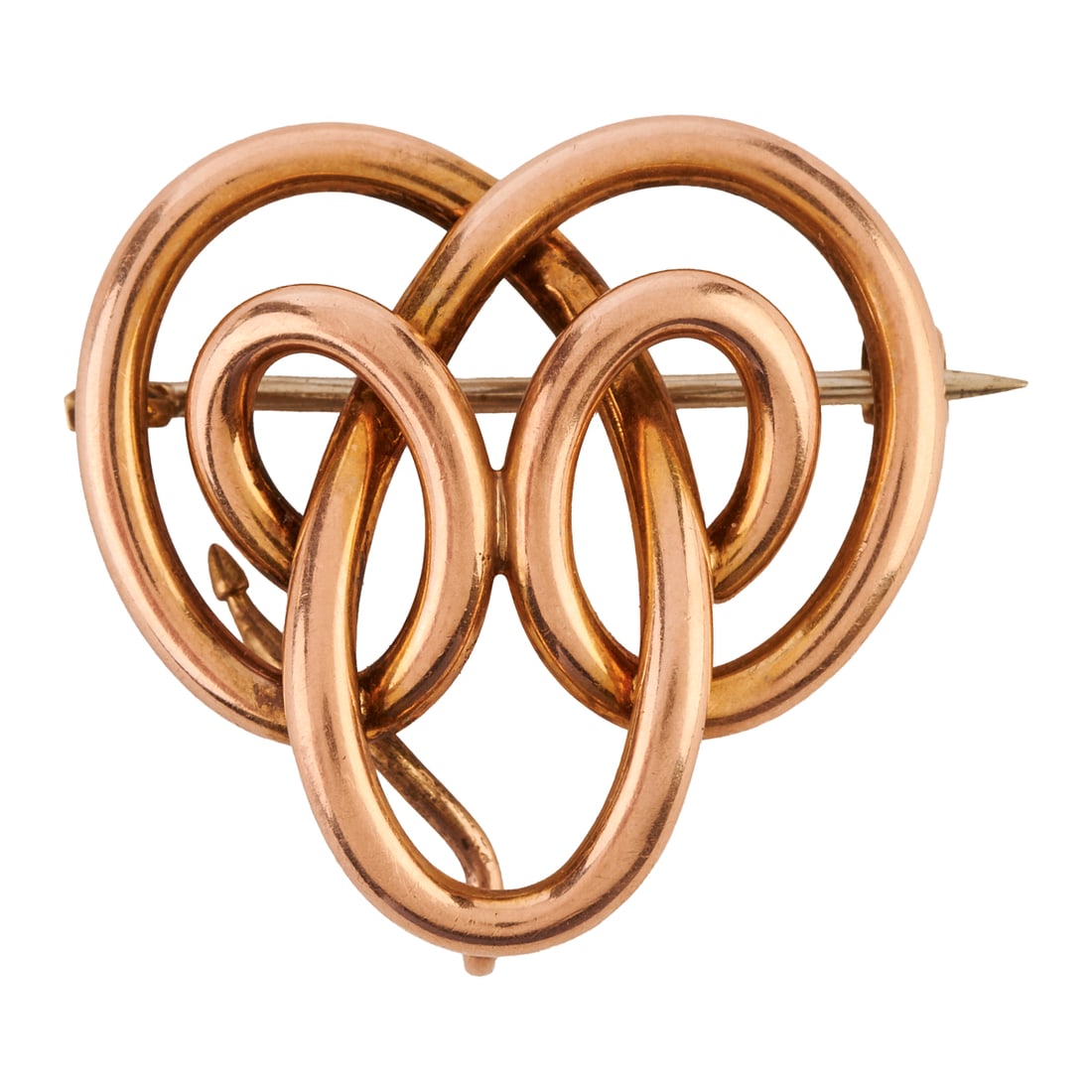 14k Yellow Gold Brooch: 14k Yellow Gold Brooch. The 14k yellow gold endless knot motif brooch measuring approximately 25 x 26 mm. {Gross Weight: 2.8 dwts}