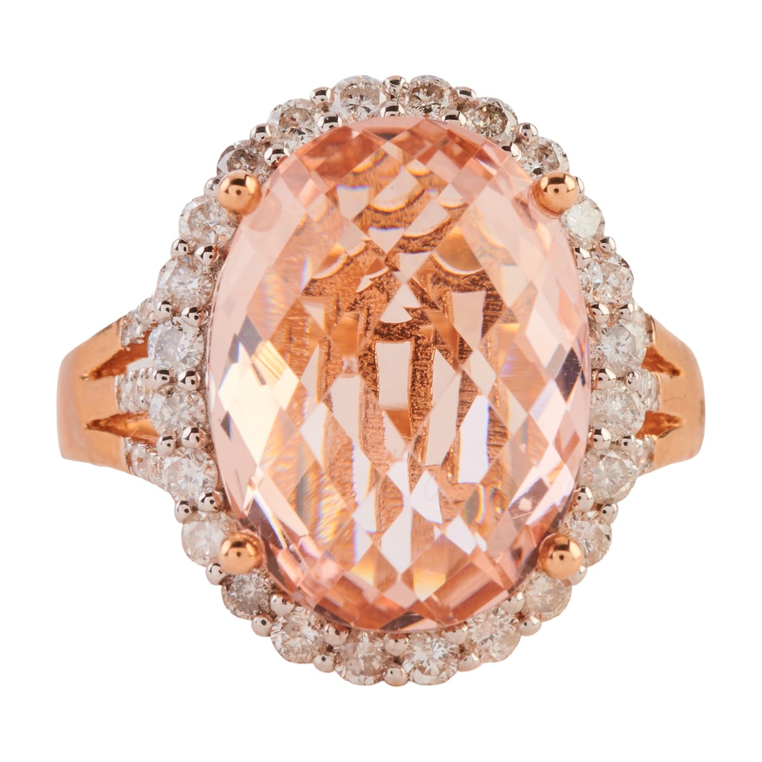 Morganite, Diamond, 14k Rose Gold Ring: Morganite, Diamond, 14k Rose Gold Ring. Featuring one oval-cut, faceted-top morganite measuring approximately 15 x 11 mm, accented by forty-eight full-cut diamonds weighing a total of approximately