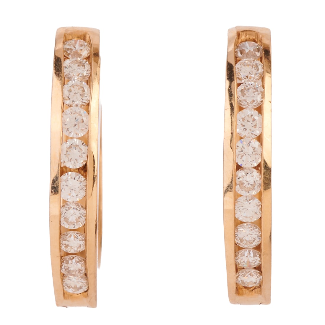 Pair of Diamond, 14k Yellow Gold Hoop Earrings: Pair of Diamond, 14k Yellow Gold Hoop Earrings. Each featuring ten full-cut diamonds weighing a total of approximately 0.25 cttw., set in a 14k yellow gold hoop mounting measuring approximately 18