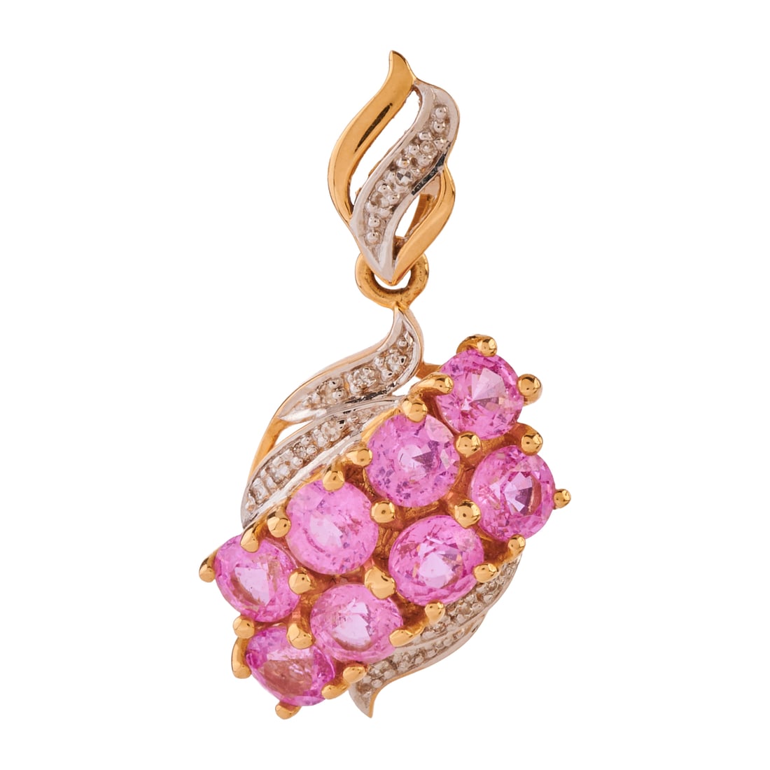 Pink Sapphire, Diamond, 18k Yellow Gold Pendant: Pink Sapphire, Diamond, 18k Yellow Gold Pendant. Featuring eight round-cut pink sapphires weighing a total of approximately 2.35 cttw., accented by round-cut diamonds, set in an 18k yellow gold