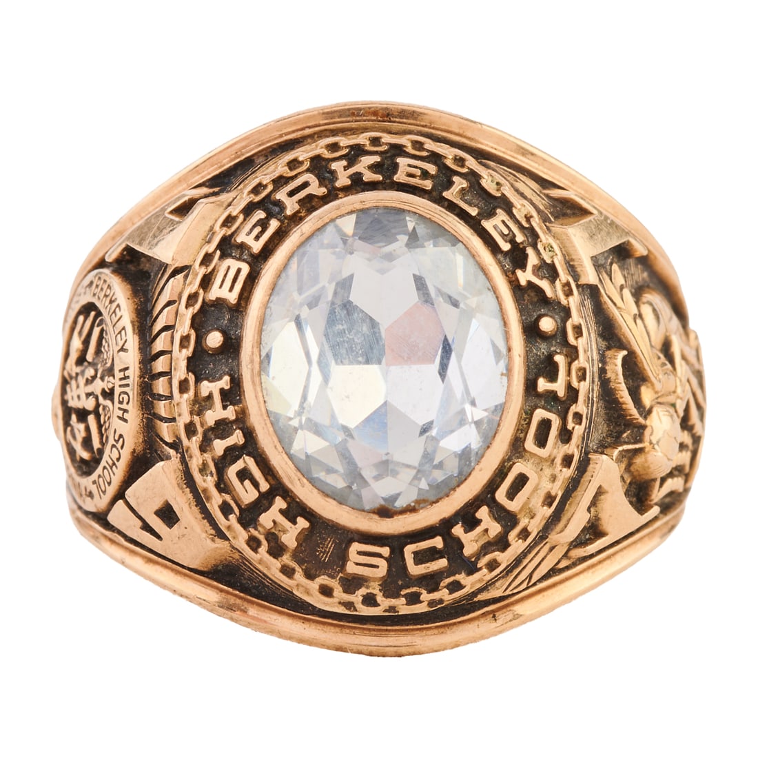 Glass, 10k Yellow Gold Class Ring: Glass, 10k Yellow Gold Class Ring. Featuring one oval-cut colorless glass, set in a 10k yellow gold 1971 Berkeley High School class ring mounting. {Size: 10 1/2, Gross Weight: 8.6 dwts}