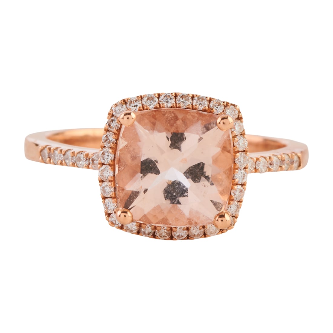 Morganite, Diamond, 14k Rose Gold Ring: Morganite, Diamond, 14k Rose Gold Ring. Featuring one cushion-cut morganite weighing approximately 1.95 ct., accented by full-cut diamonds, set in a 14k rose gold mounting. {Size: 7, Gross Weight: 1.9