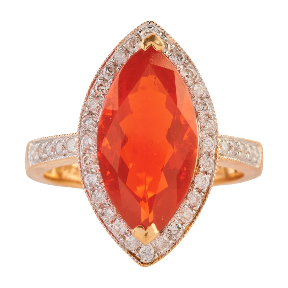 Fire Opal, Diamond, 14k Yellow Gold Ring: Fire Opal, Diamond, 14k Yellow Gold Ring. Featuring one marquise-cut fire opal weighing approximately 2.45 cts., accented by full-cut diamonds, set in a 14k yellow gold mounting. {Size: 6 1/2, Gross