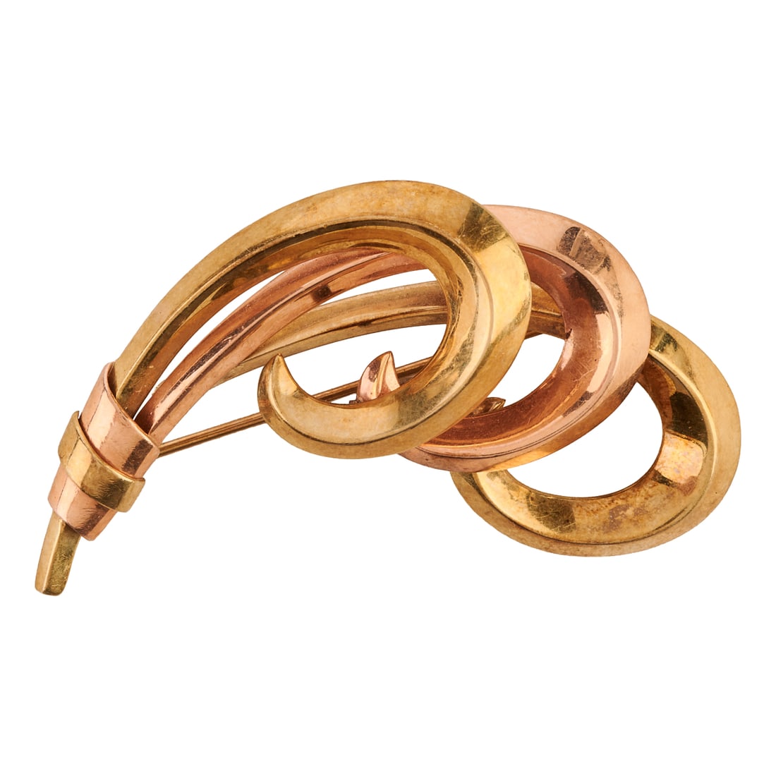 Retro 14k Yellow and Rose Gold Brooch: Retro 14k Yellow and Rose Gold Brooch. The 14k yellow and rose gold retro curved brooch measuring approximately 52 x 27 mm. {Gross Weight: 5.9 dwts}