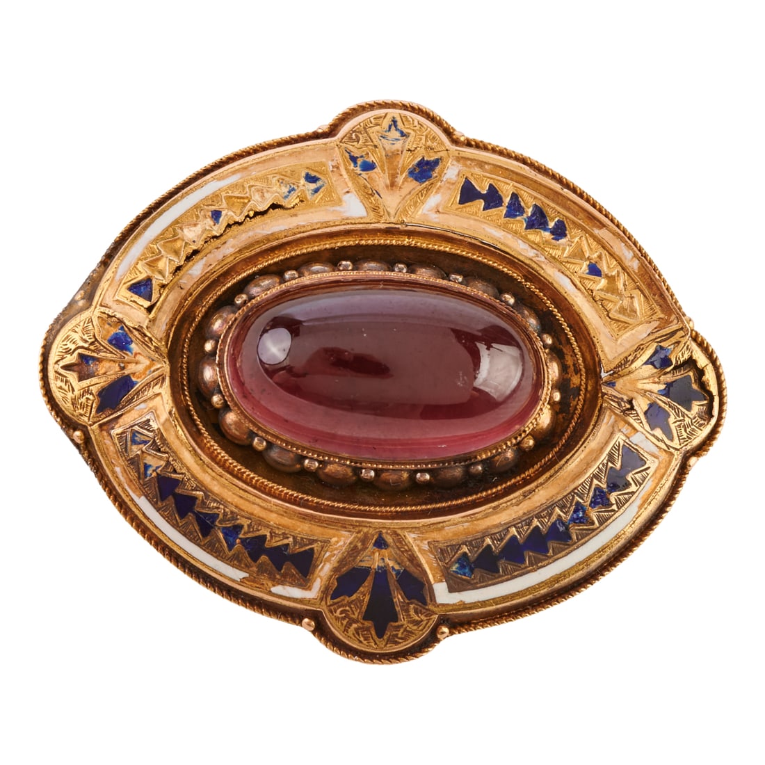 Victorian Garnet, Enamel, 14k Yellow Gold Brooch: Victorian Garnet, Enamel, 14k Yellow Gold Brooch. Featuring one garnet cabochon measuring approximately 20.7 x 12 mm, accented by blue and white enamel, set in a 14k yellow gold mounting measuring