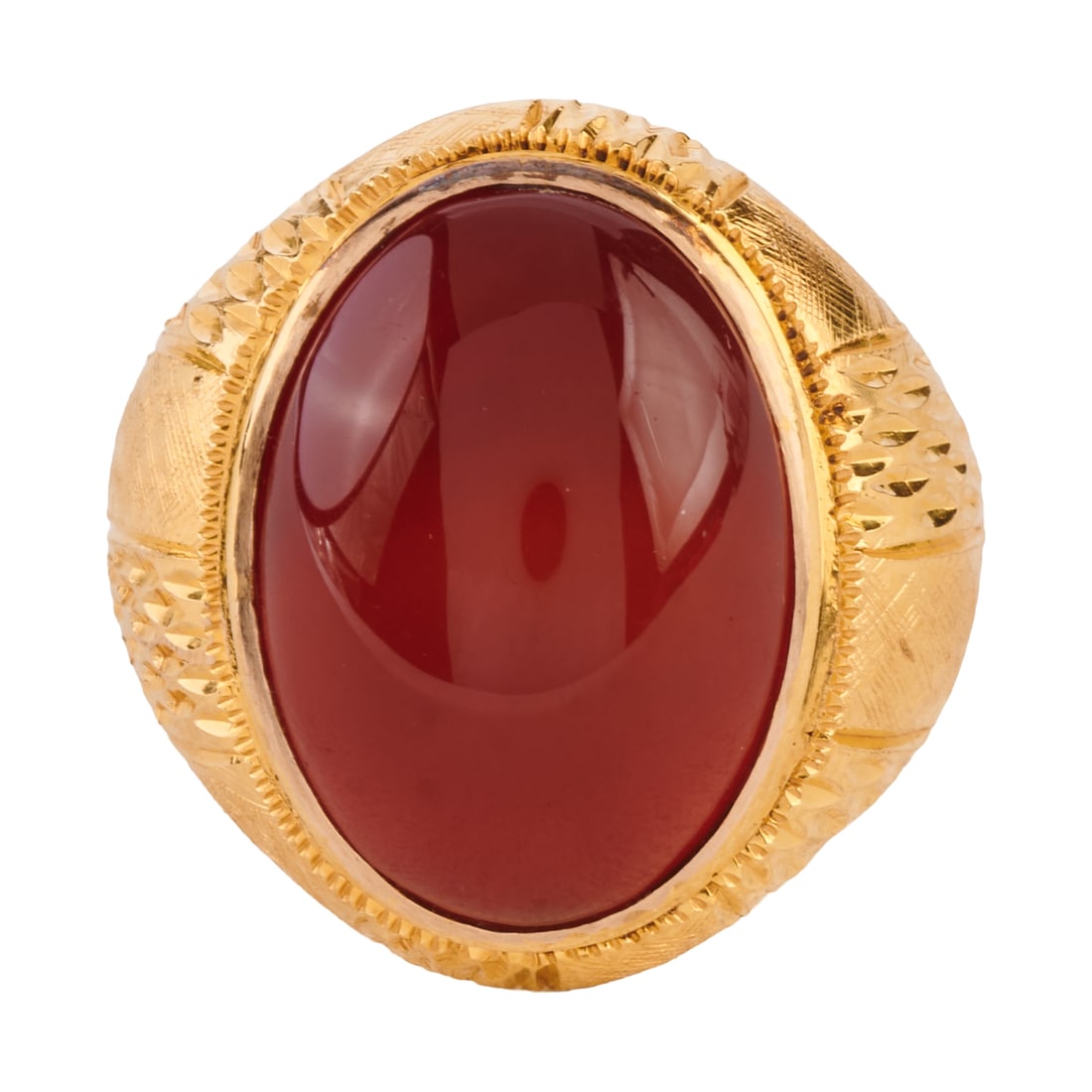 Carnelian, 14k Yellow Gold Ring: Carnelian, 14k Yellow Gold Ring. Featuring one oval shaped carnelian cabochon measuring approximately 18.3 x 13.3 mm, set in a textured 14k yellow gold mounting. {Size: 7 1/2, Gross Weight: 6.9 dwts}