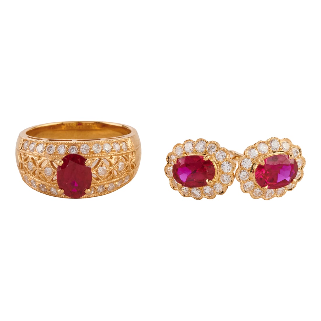 Synthetic Ruby, Diamond, 18k Yellow Gold Jewelry Suite: Synthetic Ruby, Diamond, 18k Yellow Gold Jewelry Suite. Including one oval-cut synthetic ruby, diamond, 18k yellow gold ring, size 5 1/2 together with one matching pair of oval-cut synthetic ruby, dia