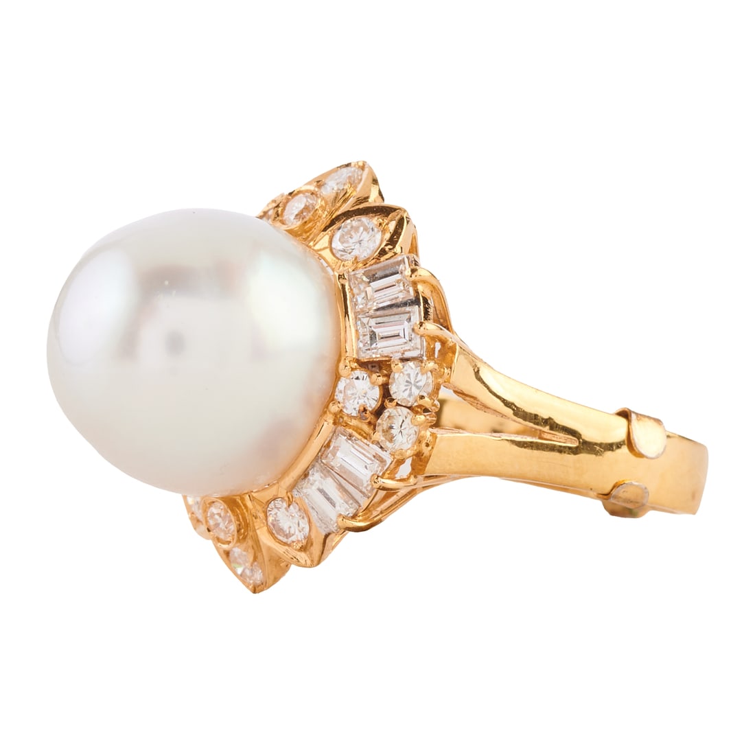 Cultured Pearl, Diamond, 18k Yellow Gold Ring: Cultured Pearl, Diamond, 18k Yellow Gold Ring. Featuring one baroque cultured pearl measuring approximately 12.3 x 14.9 mm, accented by fourteen full-cut and eight baguette-cut diamonds weighing a tot