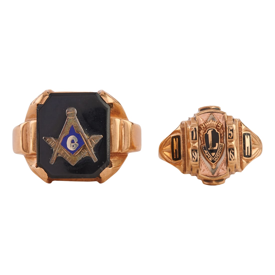 Two Black Onyx, Enamel, 10k Yellow Gold Rings: Two Black Onyx, Enamel, 10k Yellow Gold Rings. Including one blue enamel, black onyx tablet, 10k yellow gold Masonic ring, size 9 1/2 together with one black enamel, 10k yellow gold class ring, size
