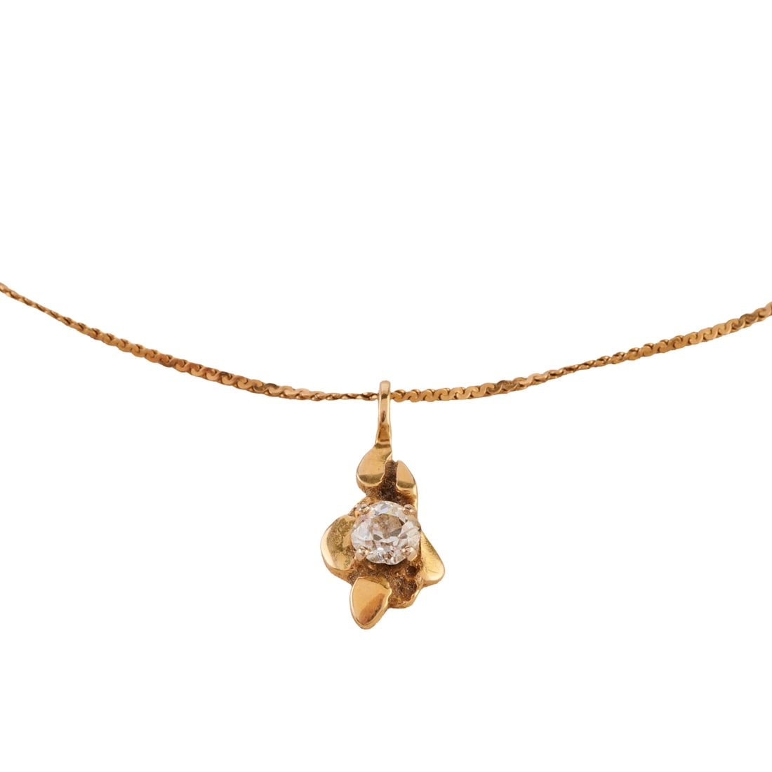 Diamond, 14k Yellow Gold Pendant Necklace: Diamond, 14k Yellow Gold Pendant Necklace. Featuring one old mine-cut diamond weighing approximately 0.40 ct., set in a 14k yellow gold mounting, suspended from a 14k yellow gold chain, forming a 16