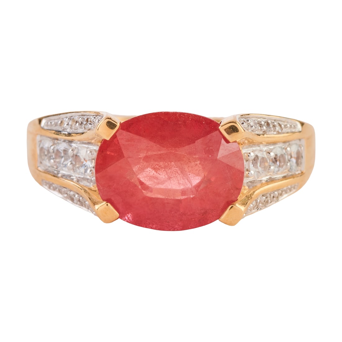 Synthetic Orange Sapphire, Diamond, 14k Yellow Gold Ring: Synthetic Orange Sapphire, Diamond, 14k Yellow Gold Ring. Featuring one synthetic orange sapphire measuring approximately 9.8 x 7.9 mm, accented by full-cut colorless stones and single-cut diamonds,