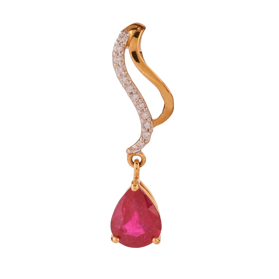 Ruby, Diamond, 18k Yellow Gold Pendant: Ruby, Diamond, 18k Yellow Gold Pendant. Featuring one pear-cut ruby weighing approximately 1.25 ct., accented by full-cut diamonds, set in an 18k yellow gold mounting measuring approximately 26 mm in