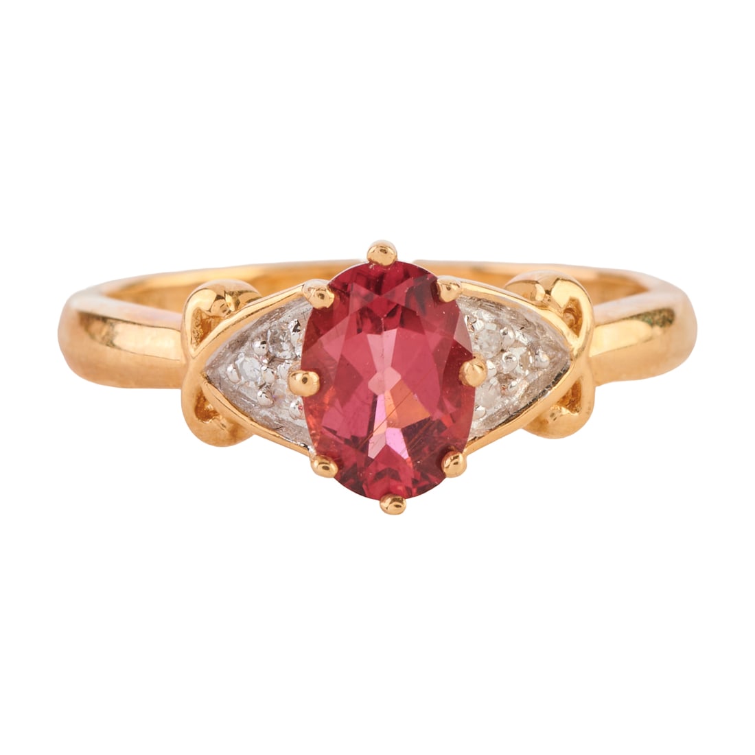 Pink Tourmaline, Diamond, 14k Yellow Gold Ring: Pink Tourmaline, Diamond, 14k Yellow Gold Ring. Featuring one oval-cut pink tourmaline measuring approximately 7.1 x 4.9 mm, accented by six single-cut diamonds weighing a total of approximately 0.05