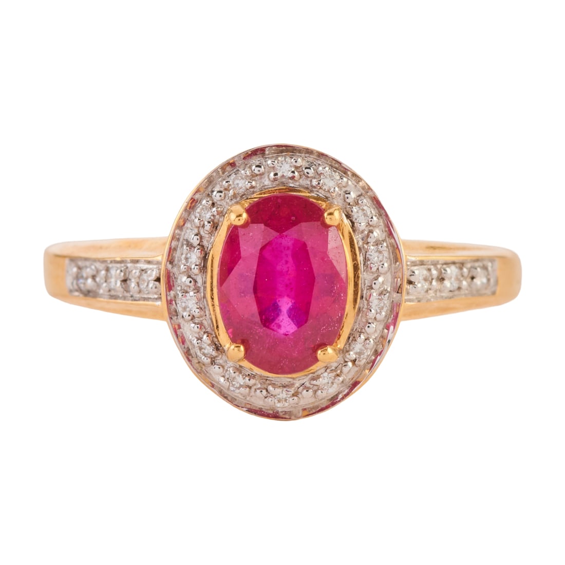 Ruby, Diamond, 18k Yellow Gold Ring: Ruby, Diamond, 18k Yellow Gold Ring. Featuring one oval-cut ruby weighing approximately 1.00 ct., accented by round-cut diamonds, set in an 18k yellow gold mounting. {Size: 6 3/4, Gross Weight: 2.1