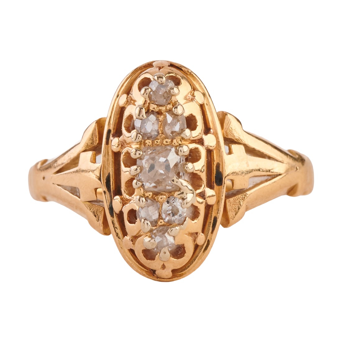 Vintage Diamond, 18k Yellow Gold Ring: Vintage Diamond, 18k Yellow Gold Ring. Featuring seven old round-cut diamonds weighing a total of approximately 0.20 cttw., set in an 18k yellow gold navette shaped mounting. {Size: 5 1/2, Gross