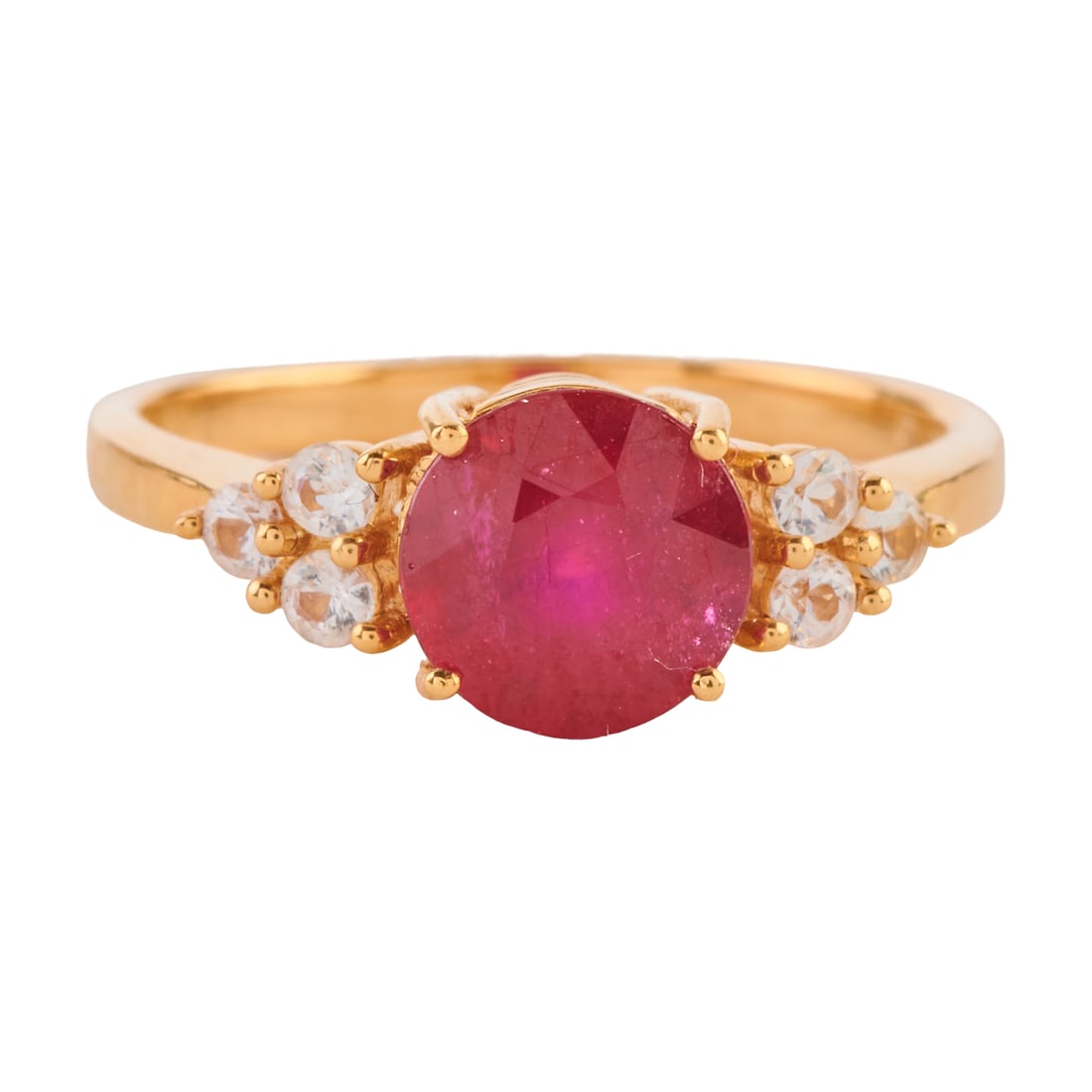 Treated Ruby, Colorless Stone, 18k Yellow Gold Ring: Treated Ruby, Colorless Stone, 18k Yellow Gold Ring. Featuring one round-cut treated ruby measuring approximately 7 mm, accented by six round-cut colorless stones, set in an 18k yellow gold mounting.