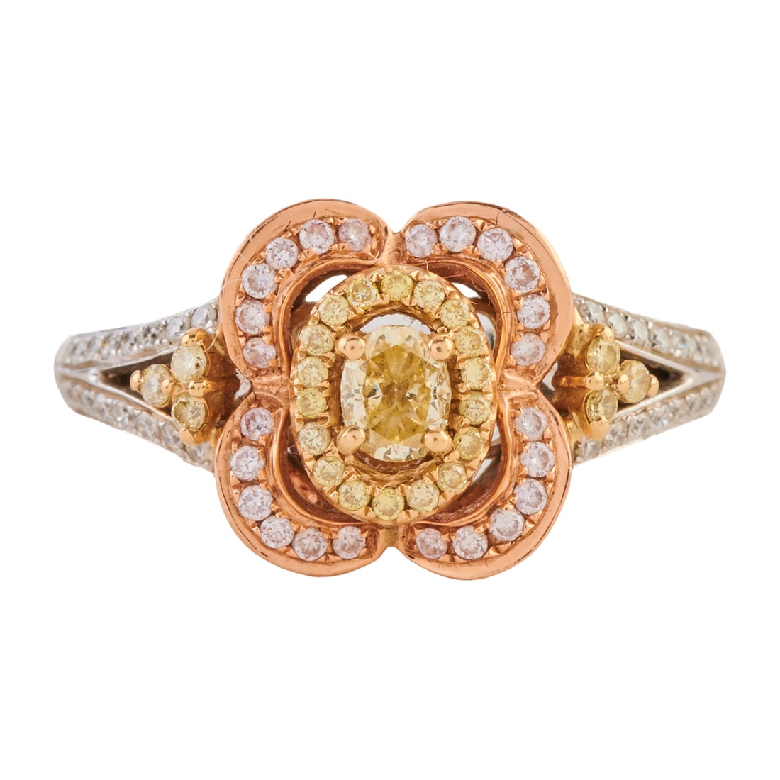 Multicolored Diamond, 14k Gold Ring: Multicolored Diamond, 14k Gold Ring. Centering one oval-cut yellow diamond, accented by round-cut light pink, yellow and near colorless diamonds, set in a 14k yellow, rose and white gold mounting.