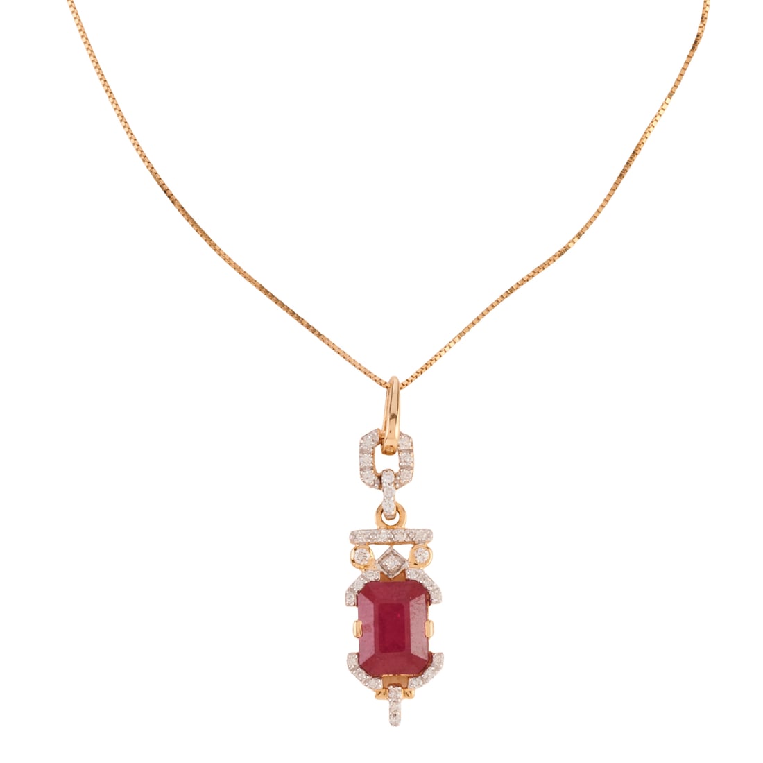 Ruby, Diamond, 14k Yellow Gold Pendant Necklace: Ruby, Diamond, 14k Yellow Gold Pendant Necklace. Featuring one emerald-cut ruby weighing approximately 3.35 cts., accented by thirty-five;full-cut diamonds weighing a total of approximately 0.25 cttw.